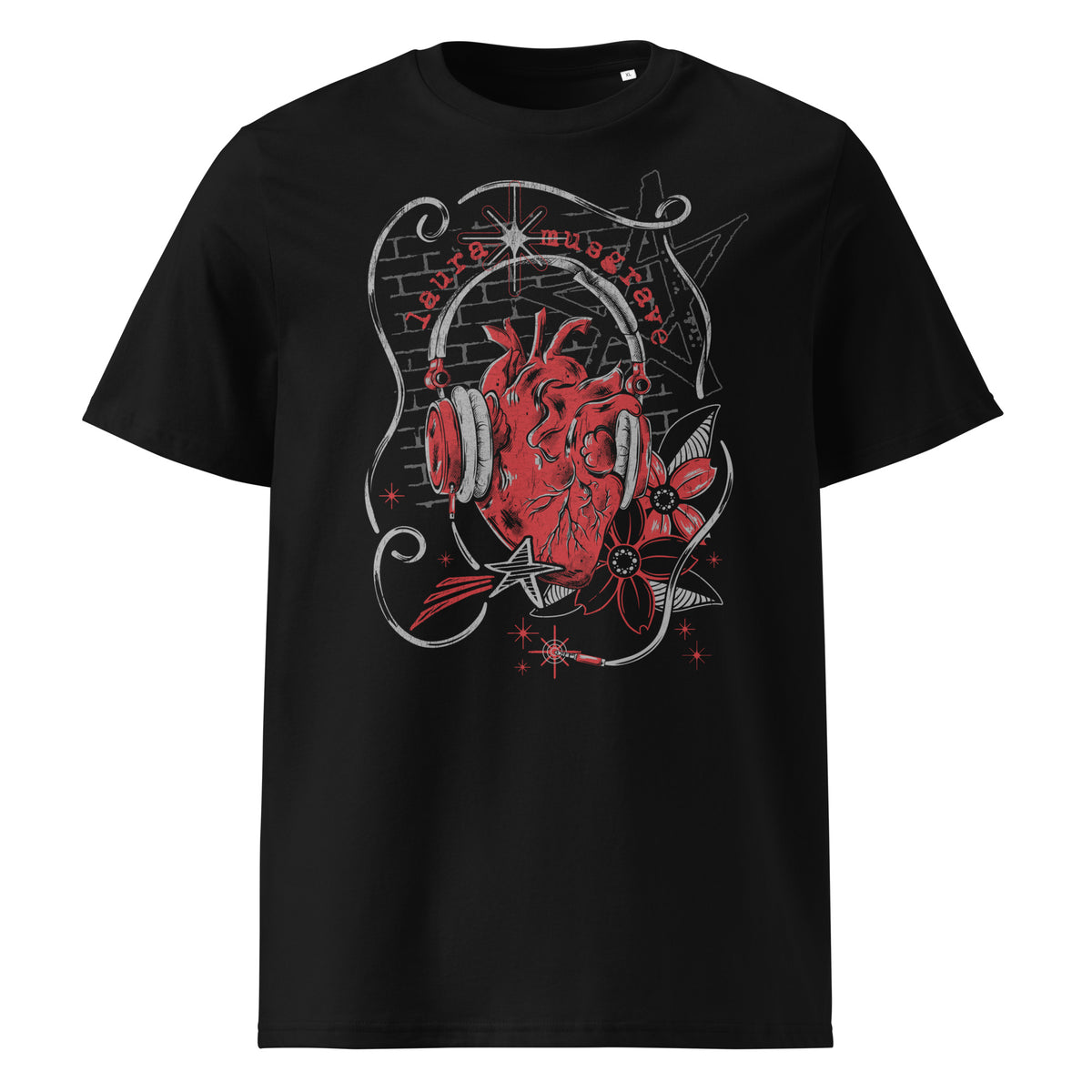 An anatomical heart with headphones surrounded by flowers, a brick wall and a shooting star. Printed on black t-shirt with 'laura musgrave' printed across the top.